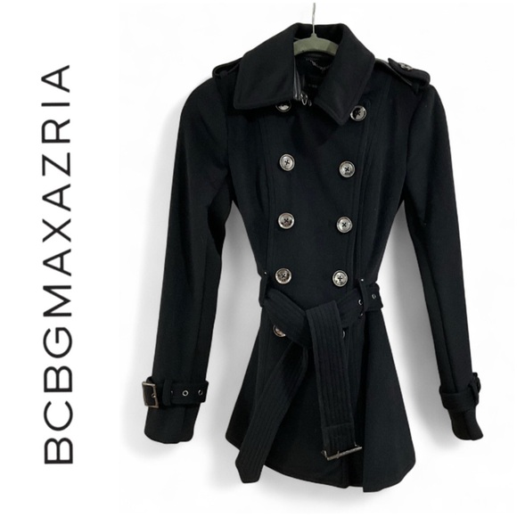 NWT BCBGMAXAZRIA | SZ XXS | Black Military Pea Coat Wool Cashmere Jacket - Picture 1 of 12